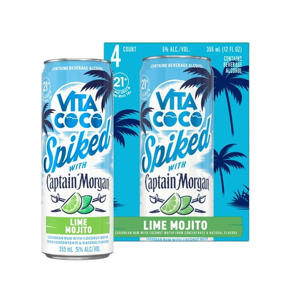 Vita Coco Spiked with Captain Morgan Lime Mojito, 12 fl oz Cans, 4 pack, 5% ABV