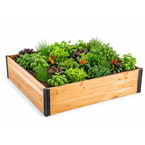 Vita Mezza Ground Planters Square Flower Herbs Vegetables 4x4x11 Cedar Raised Garden Bed, Golden Brown
