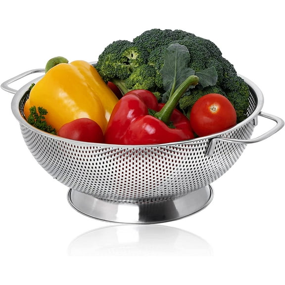 Vita Saggia Colander 3 Qt., Stainless Steel, Micro-Perforated, Pierced Easy Grip Strainer. Great for Washing Pasta, Noodles, Vegetables, Fruits, Rice and other Small Grains.