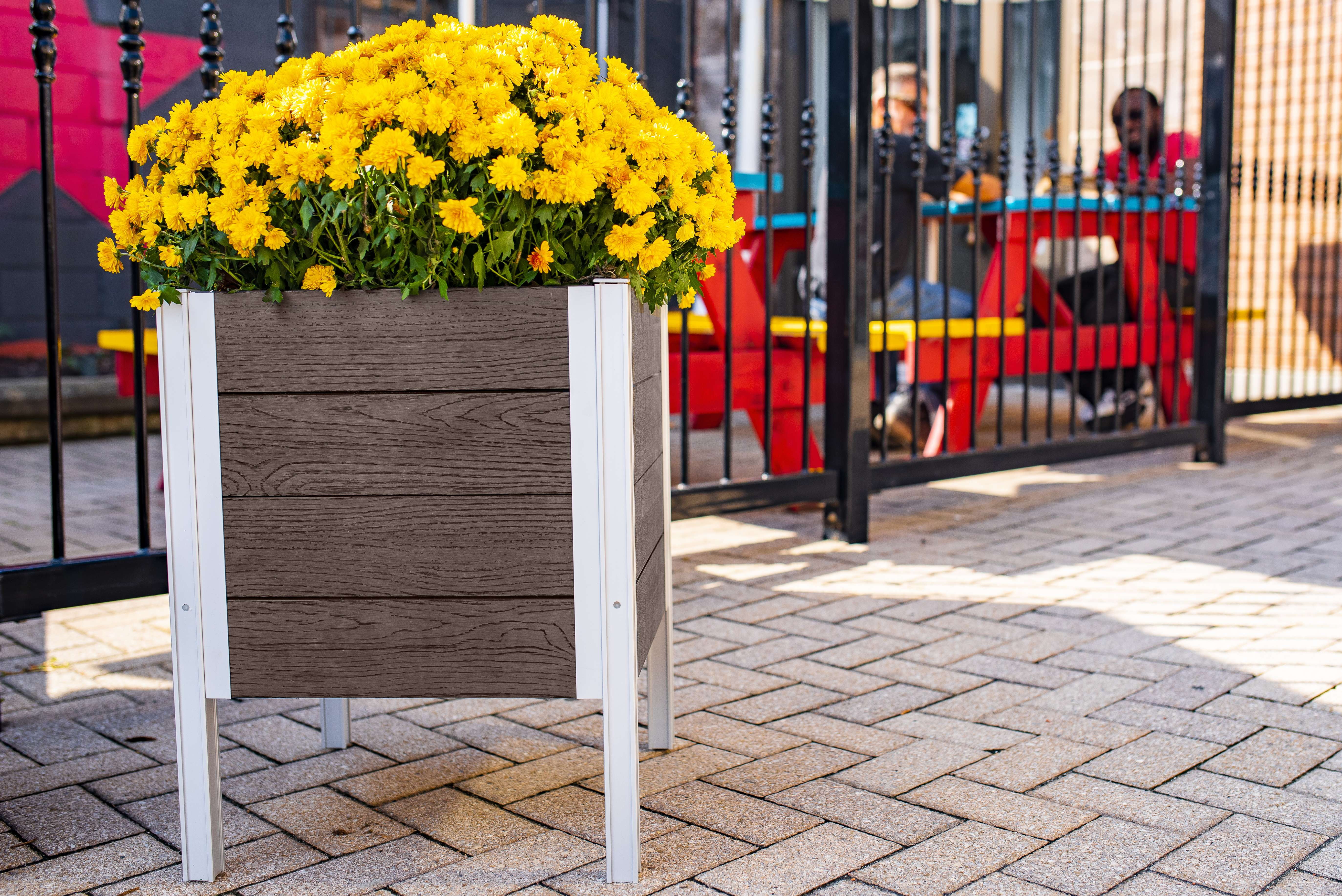 Urbana Espresso Brown Embossed Vinyl Raised Planter with Silver Aluminum Posts