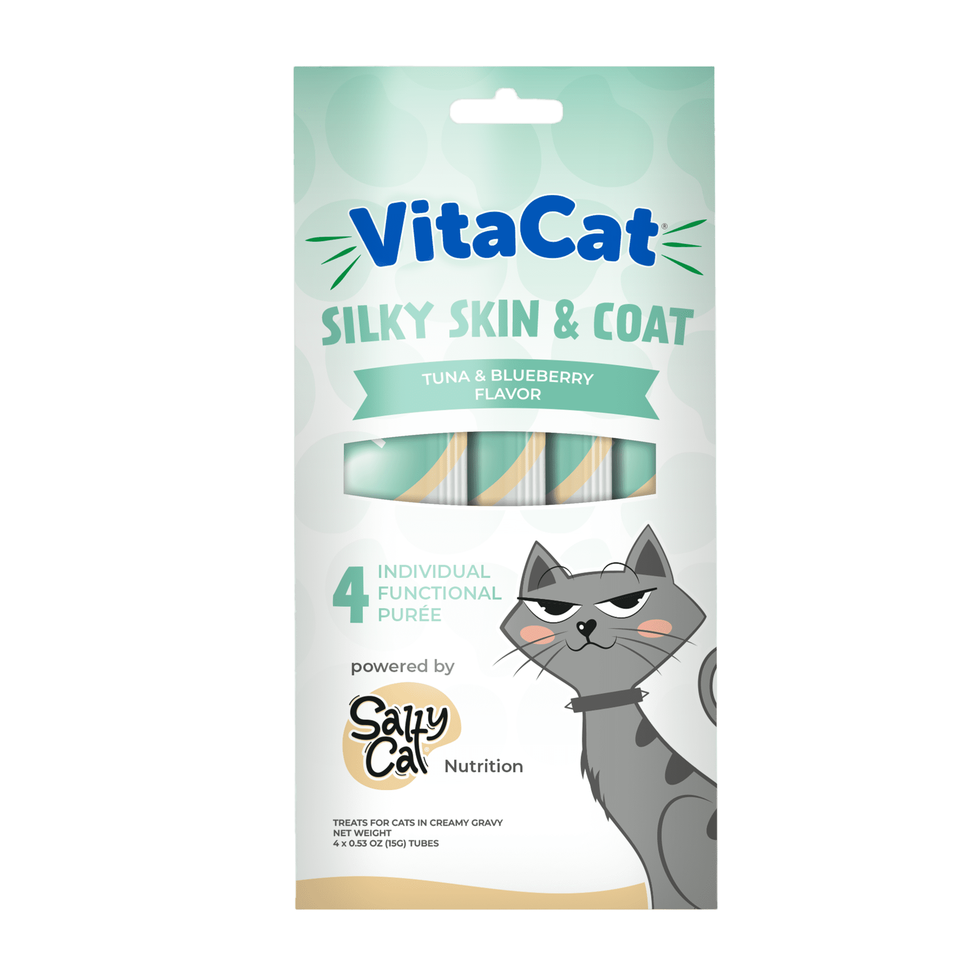 VitaCat by Salty Cat Silky Skin & Coat Tuna & Blueberry Flavor Soft Treats for Cats, 60g Pouch (4 Pack)