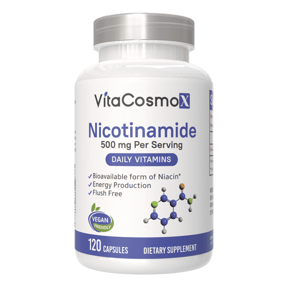 VitaCosmoX Nicotinamide 500 mg 120 Caps Flush-Free Niacinamide AKA Vitamin B3 Niacin for Skin Health & Cellular Support