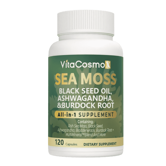 VitaCosmoX Sea Moss Capsules Black Seed Oil Ashwagandha Burdock Root Supplement 120 Count