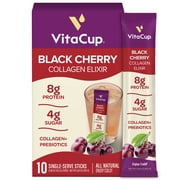 VitaCup Collagen Drink Mix Sticks, Black Cherry, Grass-Fed Collagen for Skin, Hair, Nails, Gut Support w/Prebiotic Fiber & Electrolytes, No Artificial Sweeteners, Naturally Flavored, 10 Ct