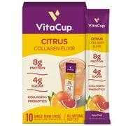 VitaCup Collagen Drink Mix Sticks, Citrus, Grass-Fed Collagen for Skin, Hair, Nails, Gut Support w/Prebiotic Fiber & Electrolytes, No Artificial Sweeteners, Naturally Flavored, 10 Ct