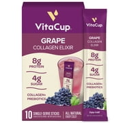 VitaCup Collagen Drink Mix Sticks, Grape, Grass-Fed Collagen for Skin, Hair, Nails, Gut Support w/Prebiotic Fiber & Electrolytes, No Artificial Sweeteners, Naturally Flavored, 10 Ct