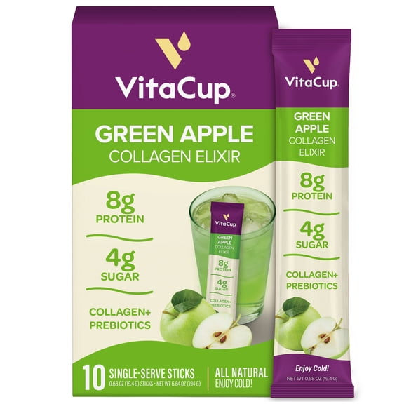 VitaCup Collagen Drink Mix Sticks, Green Apple, Grass-Fed Collagen for Skin, Hair, Nails, Gut Support w/Prebiotic Fiber & Electrolytes, No Artificial Sweeteners, Naturally Flavored, 10 Ct