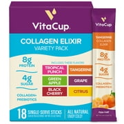 VitaCup Collagen Drink Mix Sticks Variety Pack, 6 Flavors, Grass-Fed Collagen for Skin, Hair, Nails, Gut Support, No Artificial Sweeteners, 18 Ct