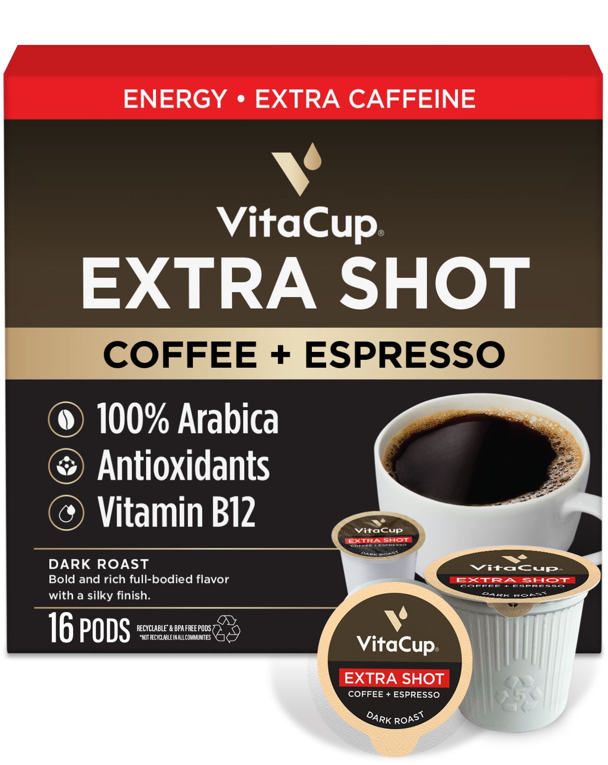 VitaCup Extra Shot Coffee Pods w/ Espresso Compatible w/ Keurig K-Cup Brewers, 16 ct