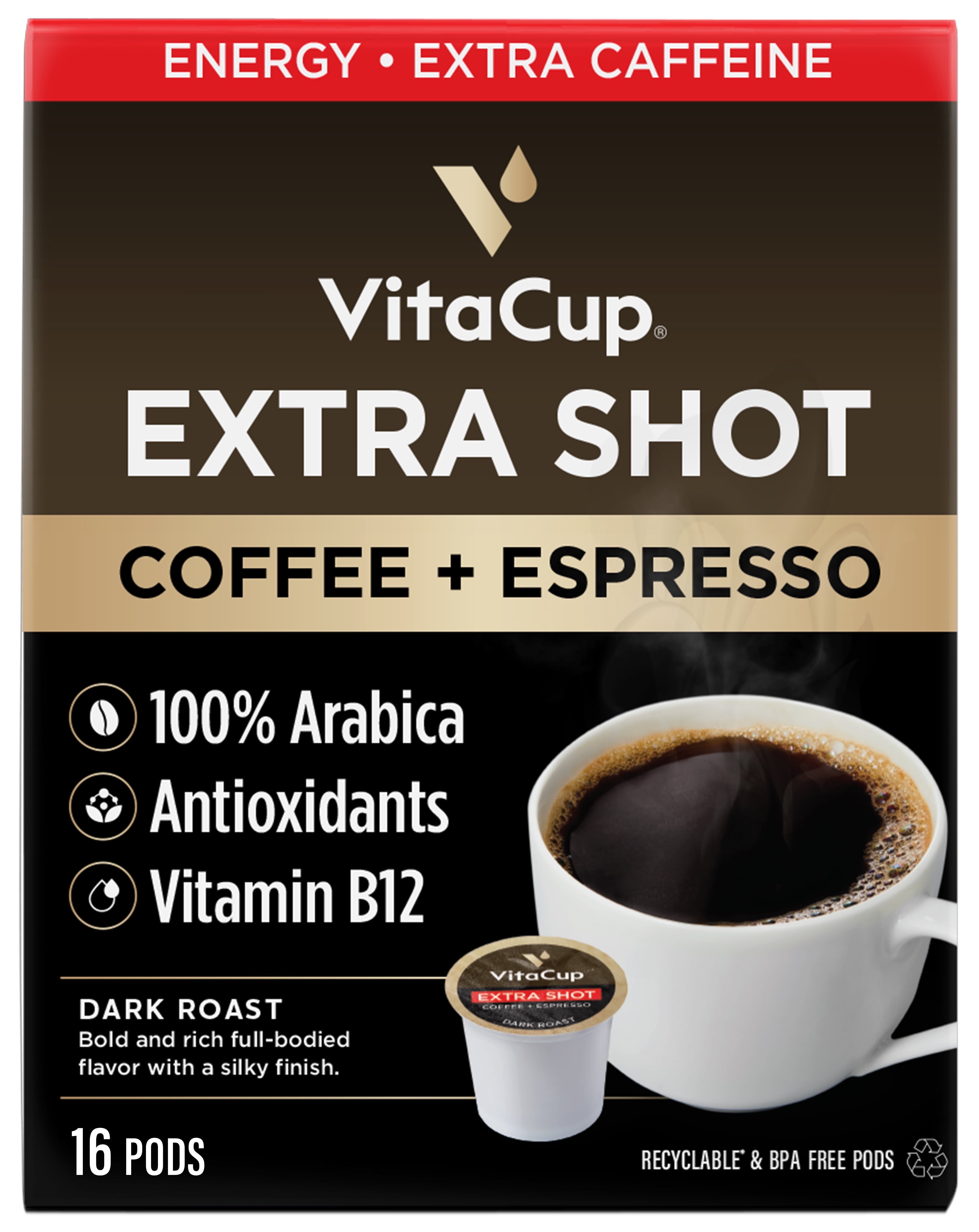 VitaCup Extra Shot Coffee Pods w/ Espresso Compatible w/ Keurig K-Cup Brewers, 16 ct