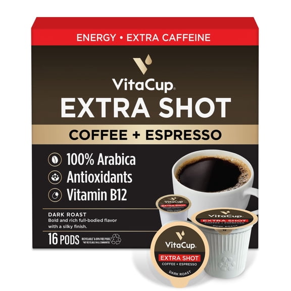 VitaCup Extra Shot Strong Coffee Pods, Bold & Intense Dark Roast w/Espresso Shot, High Caffeine, Vitamin B12, Antioxidants, Single Serve Pod Compatible w/Keurig K-Cup Brewers, 16ct