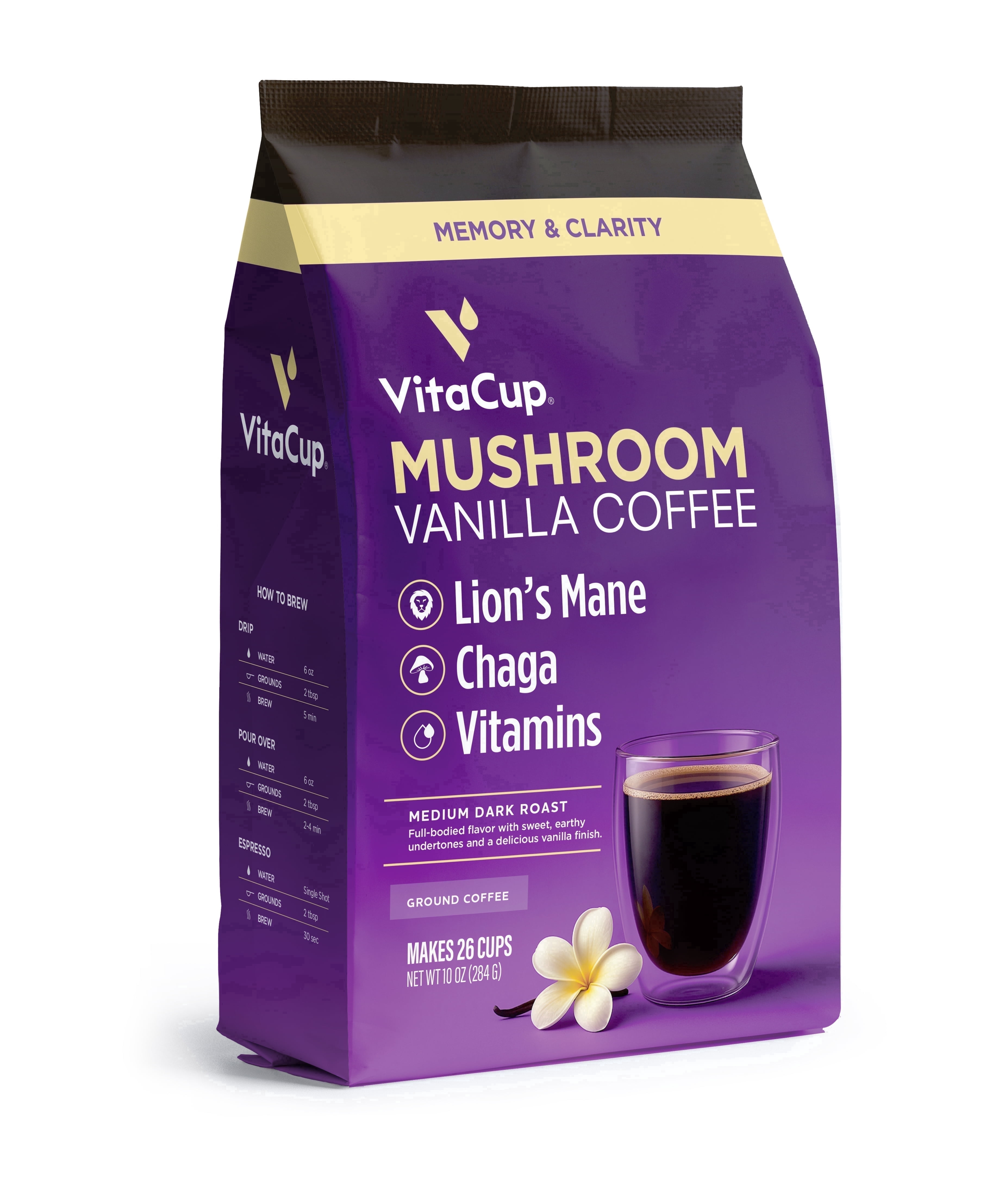 VitaCup Vanilla Flavored Mushroom Coffee Ground, with Lions Mane, 10oz