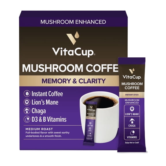 VitaCup Mushroom Coffee Instant Packets, w/ Fiber, Chaga, Lion?s Mane, 24 Ct