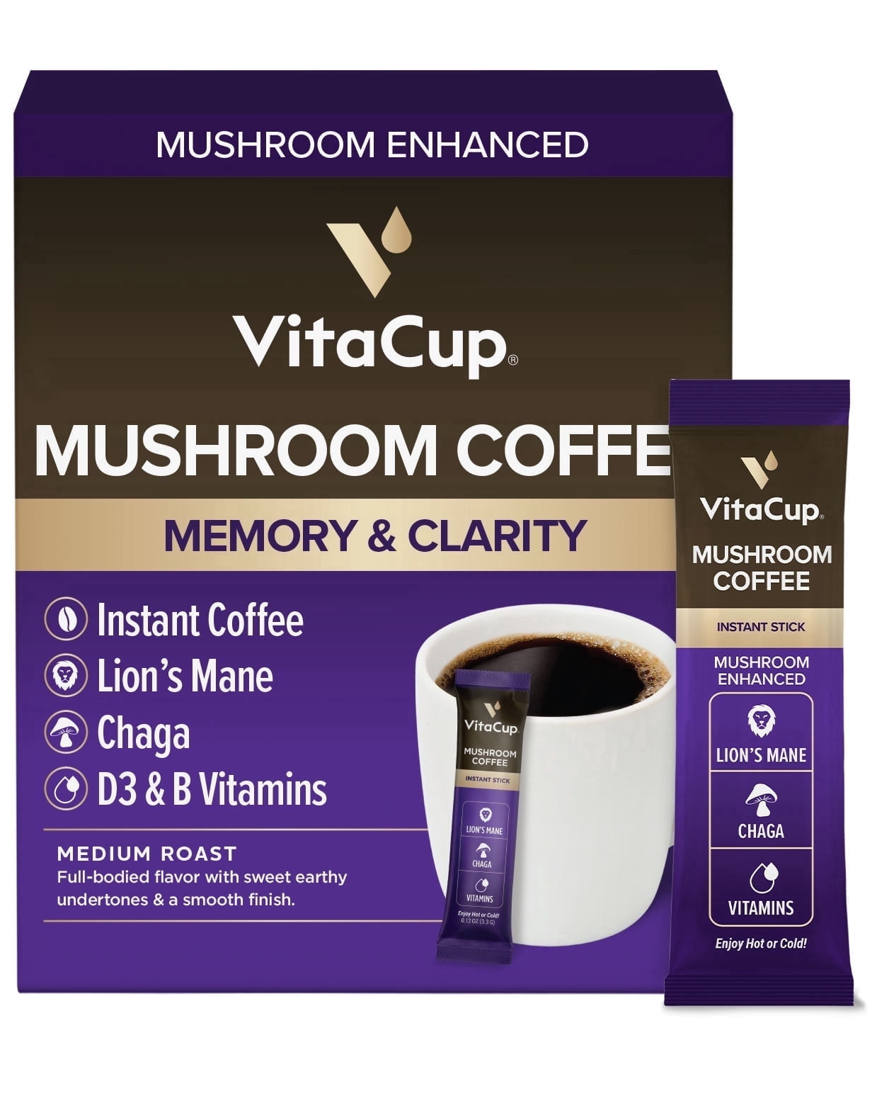 VitaCup Mushroom Coffee Instant Packets, w/ Fiber, Chaga, Lion?s Mane, 24 Ct