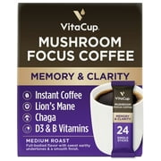 VitaCup Focus Mushroom Coffee Instant Packets, w/ Fiber, Chaga, Lion’s Mane, 24 Ct