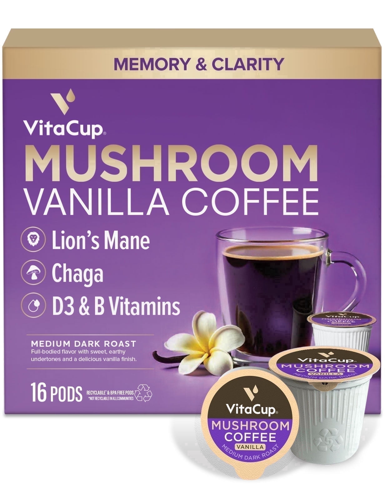 VitaCup Mushroom Coffee Pods 16ct, Vanilla Flavored Coffee with Chaga, Lion’s Mane, and Vitamins, Compatible with Keurig K-Cup Brewers