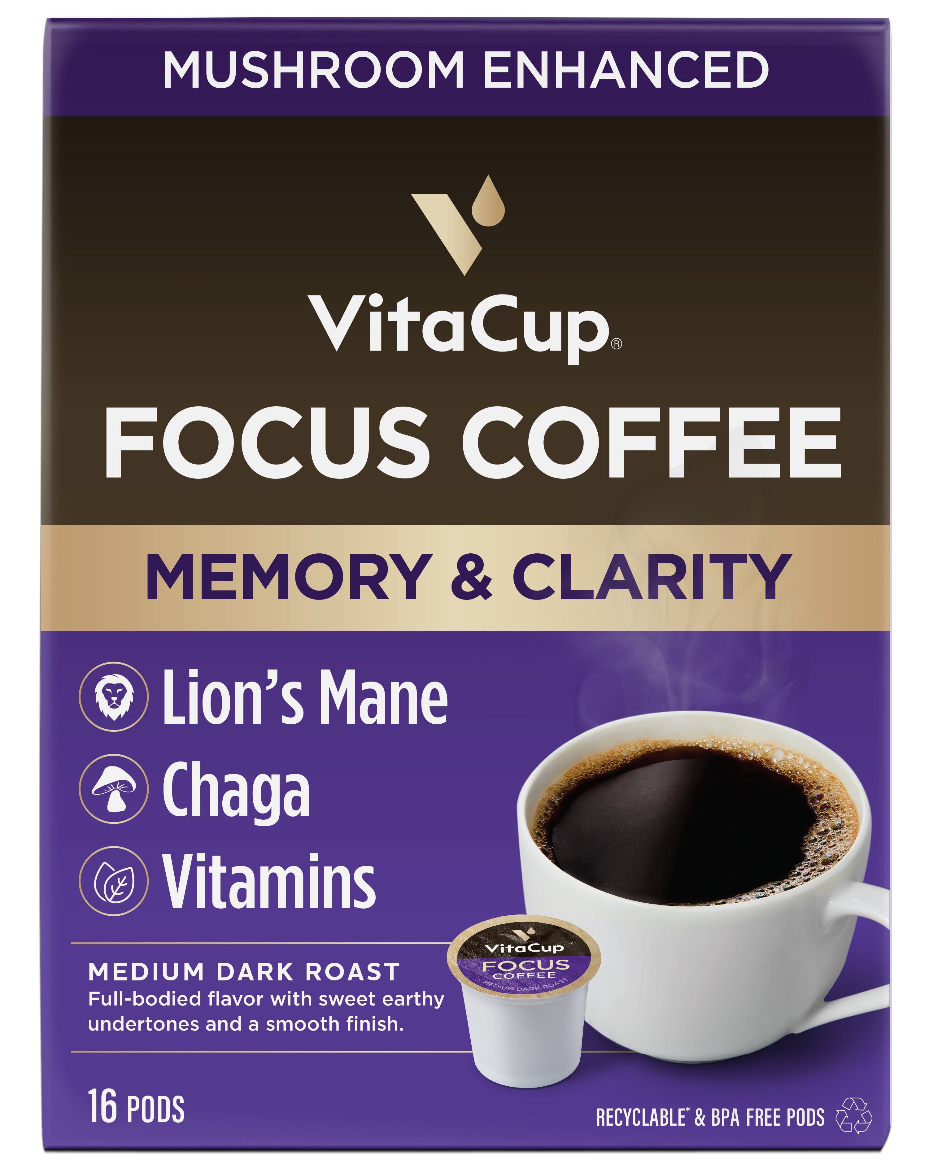 VitaCup Focus Mushroom Coffee Pods Compatible w/ KCup Brewers, 16 Ct