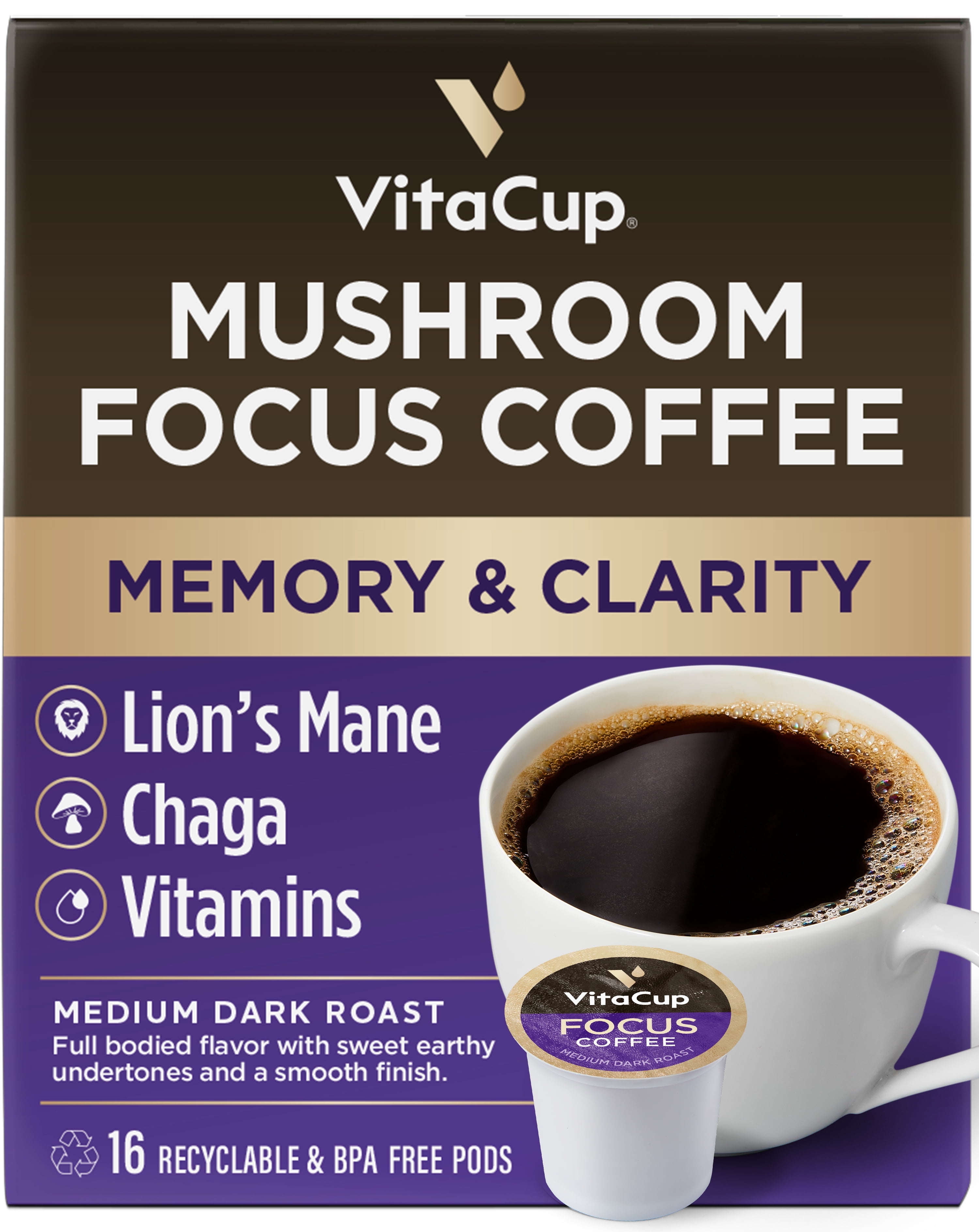 VitaCup Focus Mushroom Coffee Pods Compatible w/ K-Cup Brewers, 16 Ct