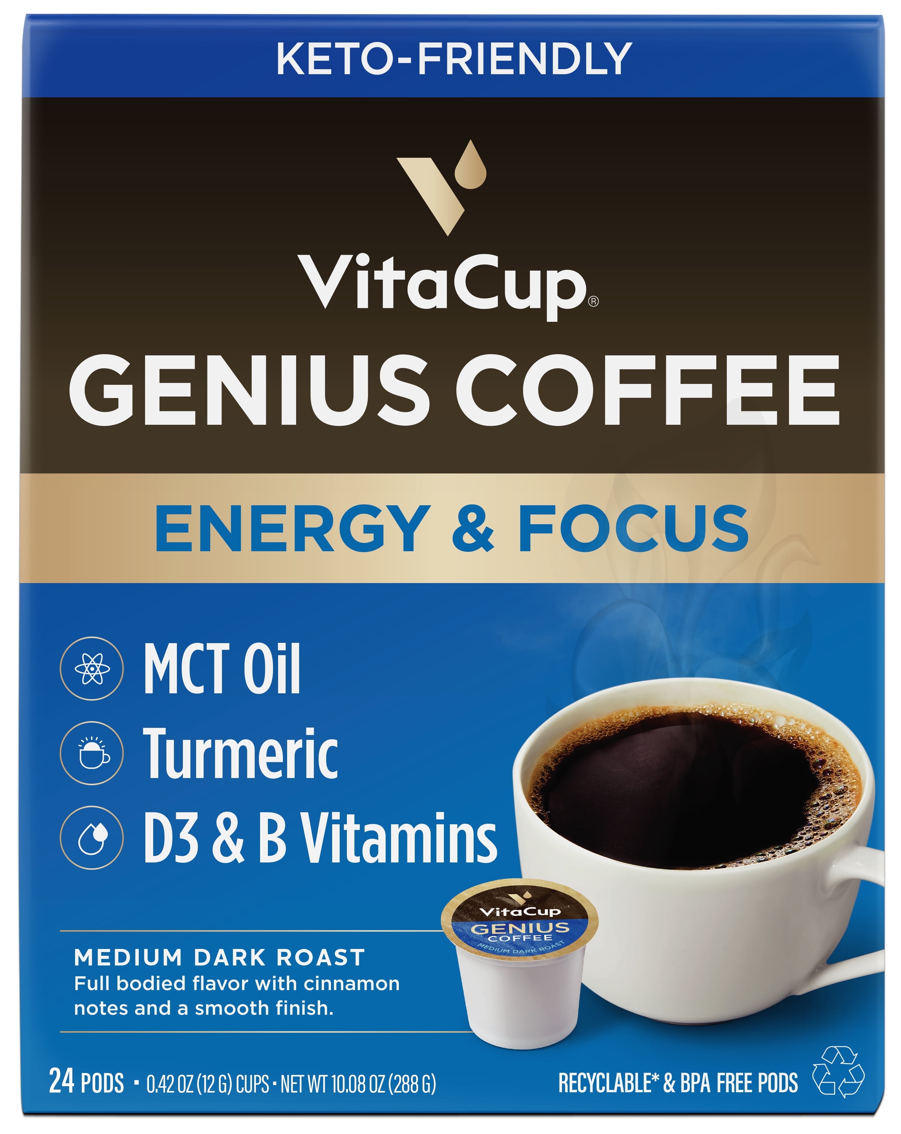VitaCup Genius Keto Coffee Pods Compatible w/ Keurig K-Cup Brewers, 24 Ct