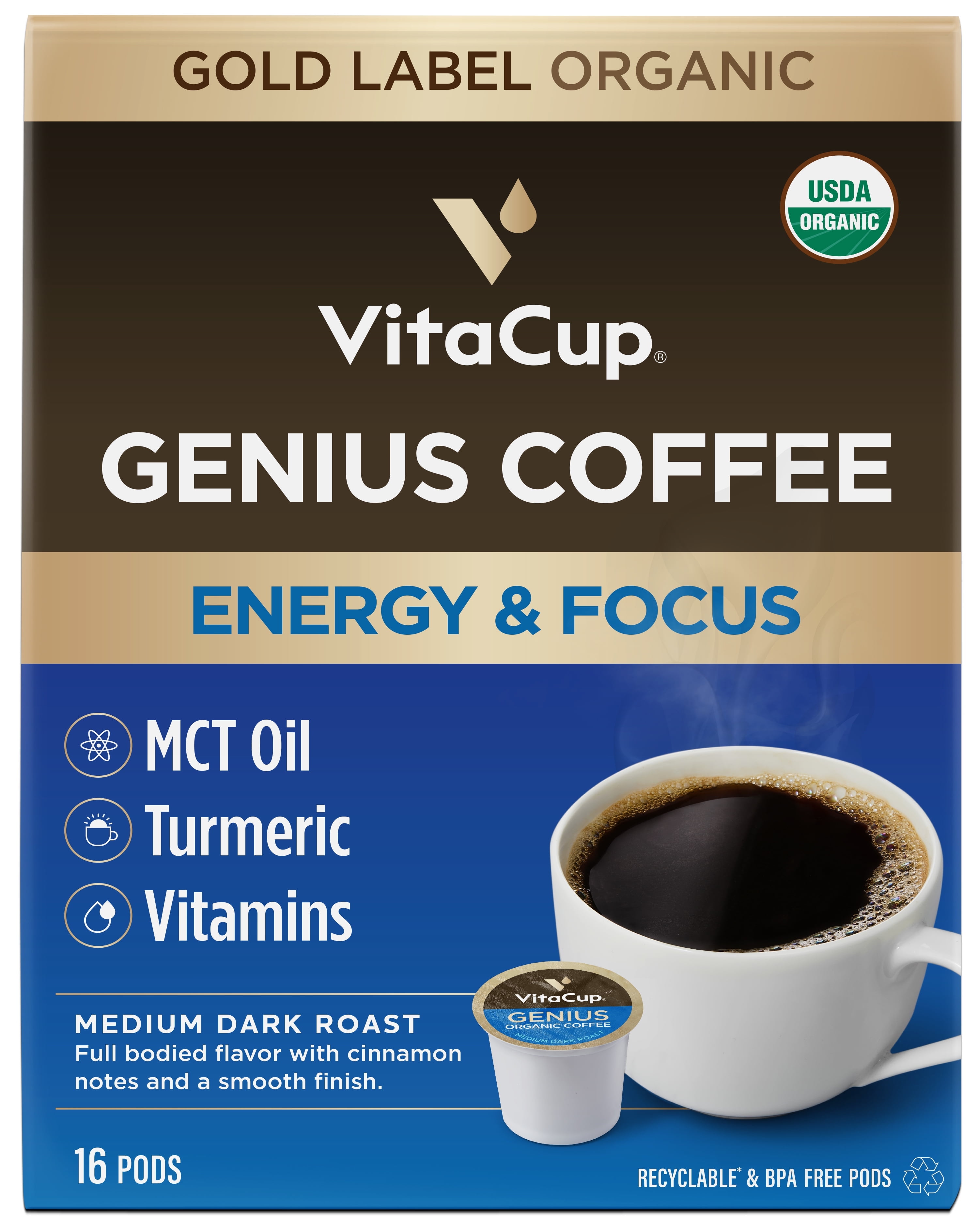 VitaCup Genius Keto Coffee Pods w/ MCT Oil Compatible w/ K-Cup Brewers, 16 ct