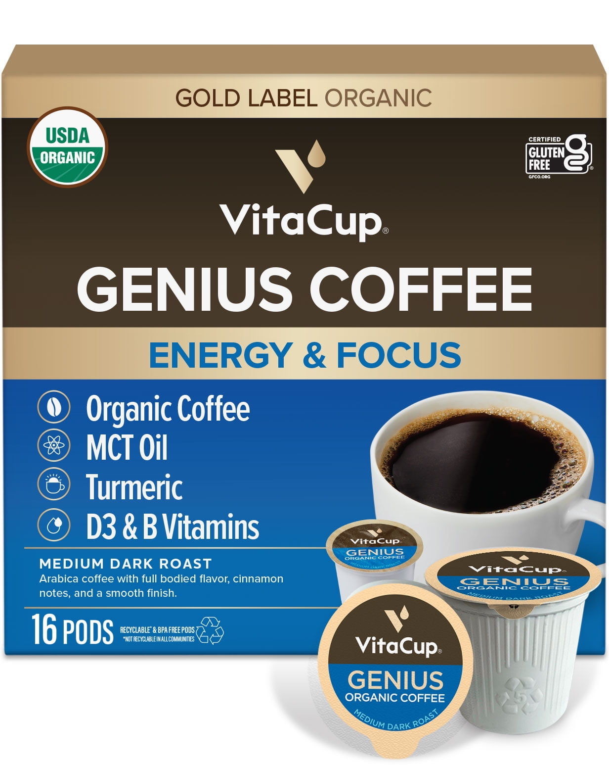 VitaCup Genius Keto Coffee Pods w/ MCT Oil Compatible w/ K-Cup Brewers, 16 ct