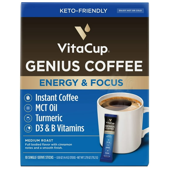VitaCup Genius Keto Instant Coffee Packets in Single Serve Sticks, 10 Ct