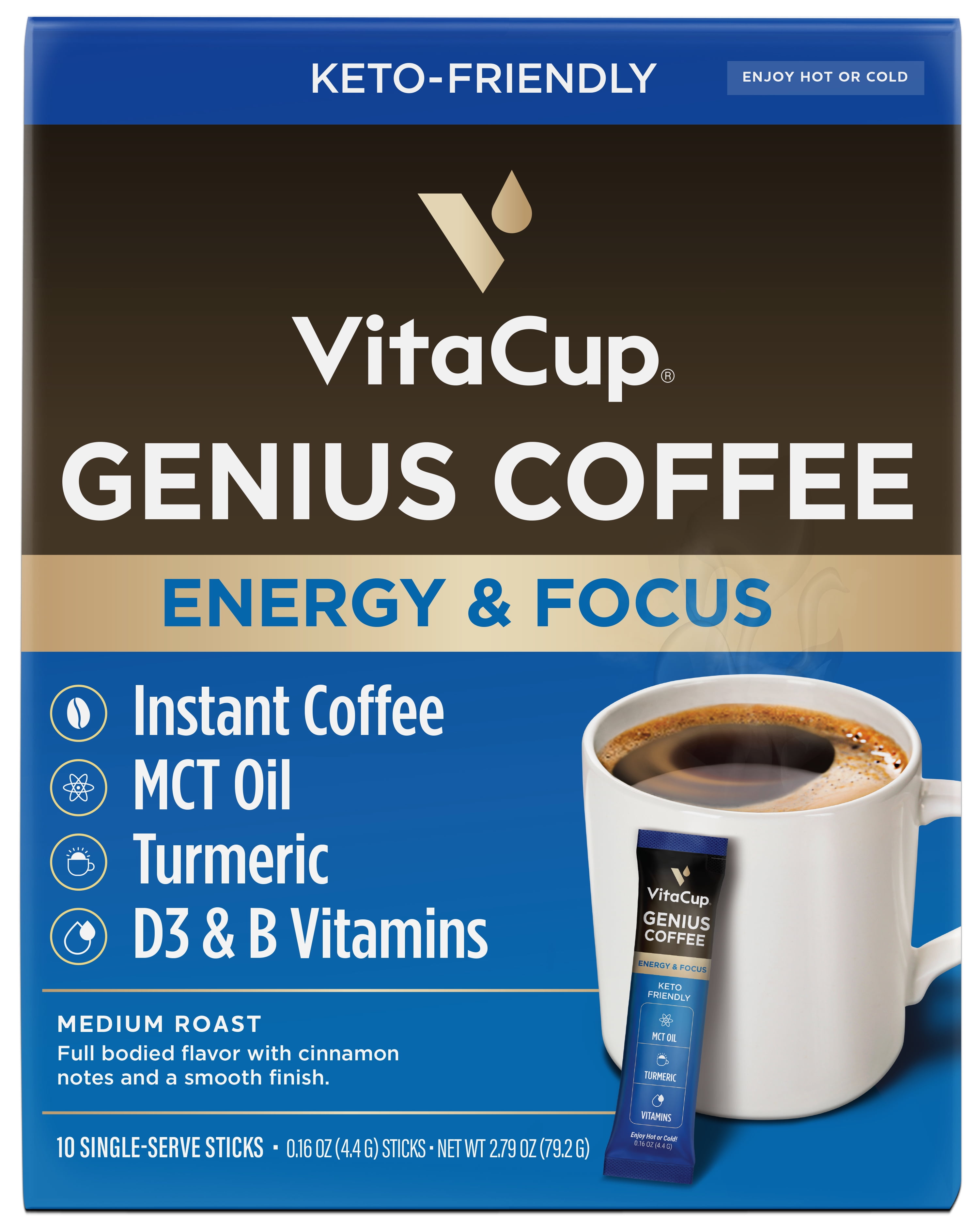 VitaCup Genius Keto Instant Coffee Packets in Single Serve Sticks, 10