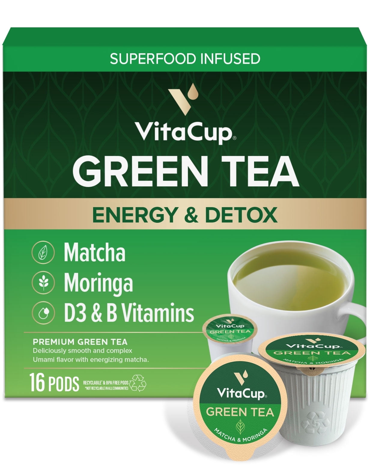 VitaCup Green Tea Pods for Single Serve Coffee Makers , 16 Ct