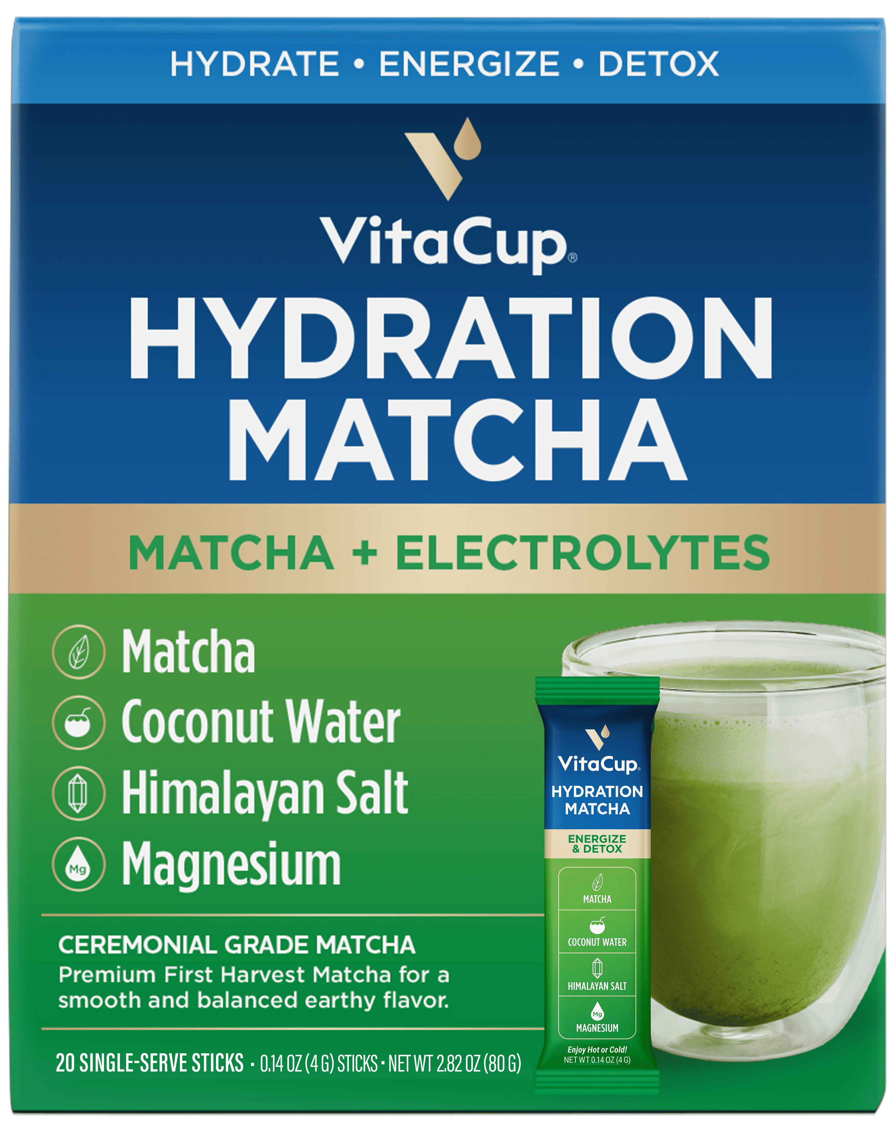 VitaCup Hydration Matcha Instant Packets, Electrolyte Drink Mix, 20 Ct