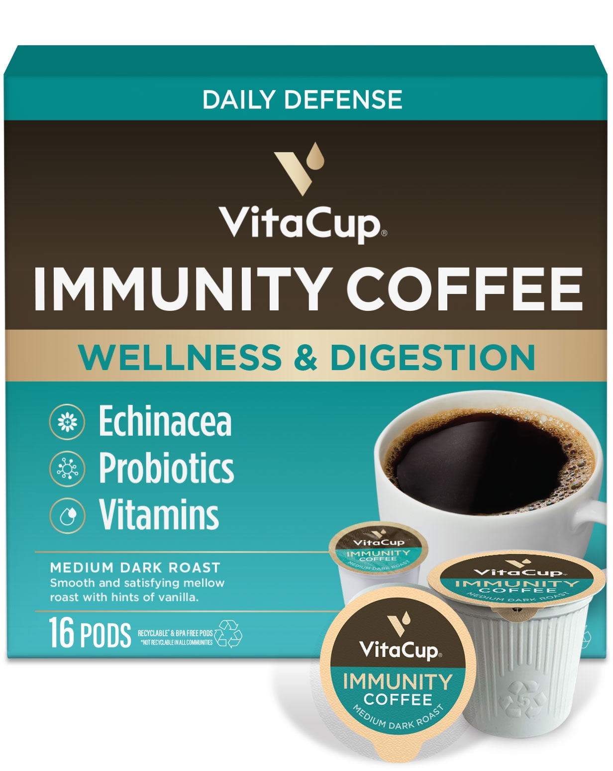 VitaCup Immunity Coffee Pods Compatible w/ K-Cup Brewers, 16 Ct