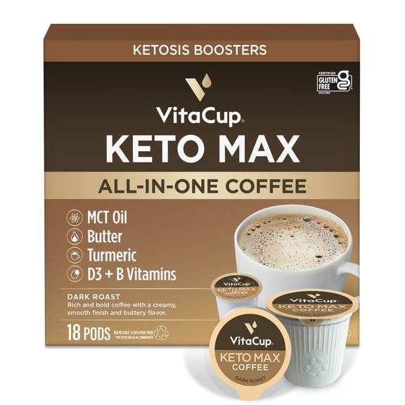 VitaCup Keto Max Dark Roast Coffee Pods, Ketosis & Energy, Butter, MCT Oil, Turmeric, B Vitamins, D3, All-In-One Keto Recyclable Single Serve Pod Compatible w/Keurig K-Cup Brewers,18 Ct