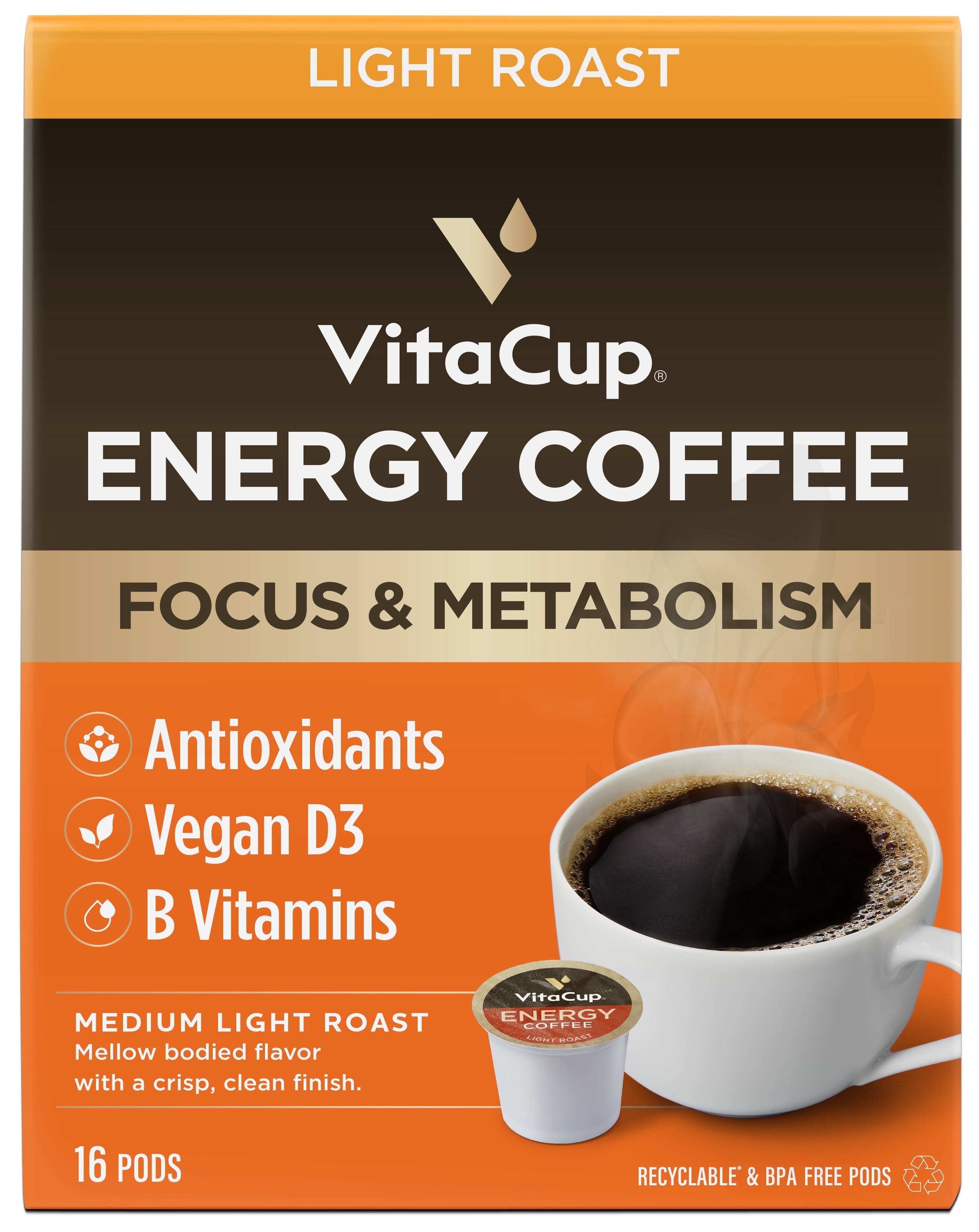 VitaCup Light Roast Coffee Pods w/ B Vitamins Compatible w/ K-Cup Brewers, 16 Count