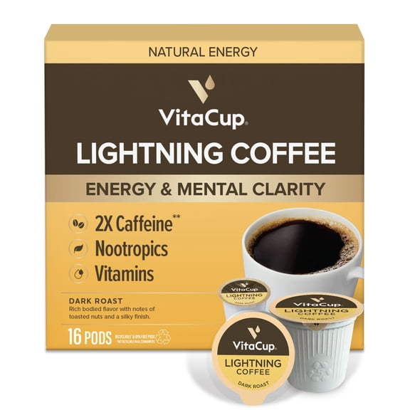 VitaCup Lightning Coffee Pods, for Memory & Focus w/ 2X Caffeine, Green Coffee Bean, B Vitamins, D3, Strong Dark Roast, Single Serve Pod Compatible with Keurig K-Cup Brewers, 16 Ct