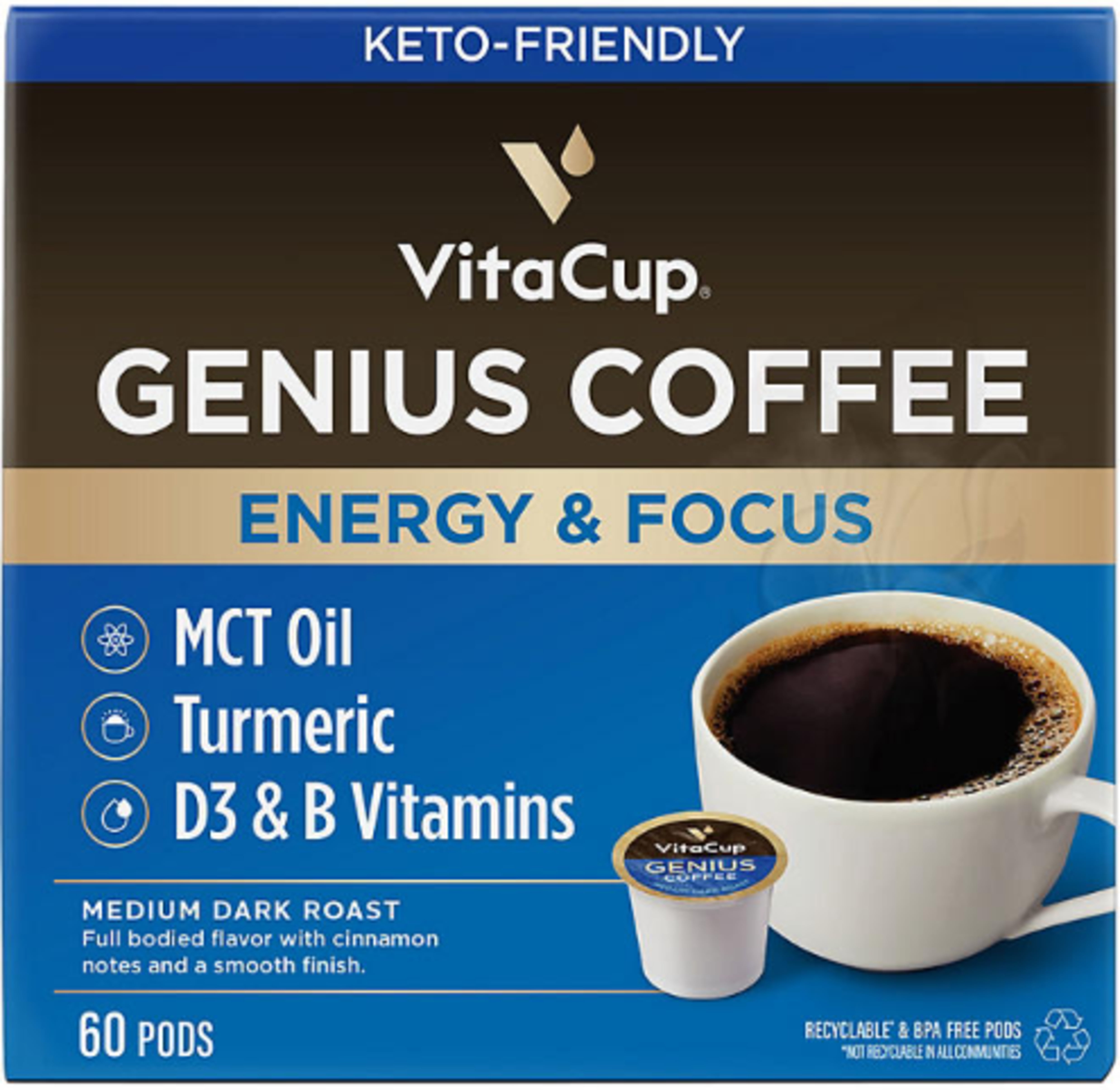 VitaCup Medium-Dark Roast Single Serve Coffee Pods, Genius Blend 60 ct. (Packaging may Vary)