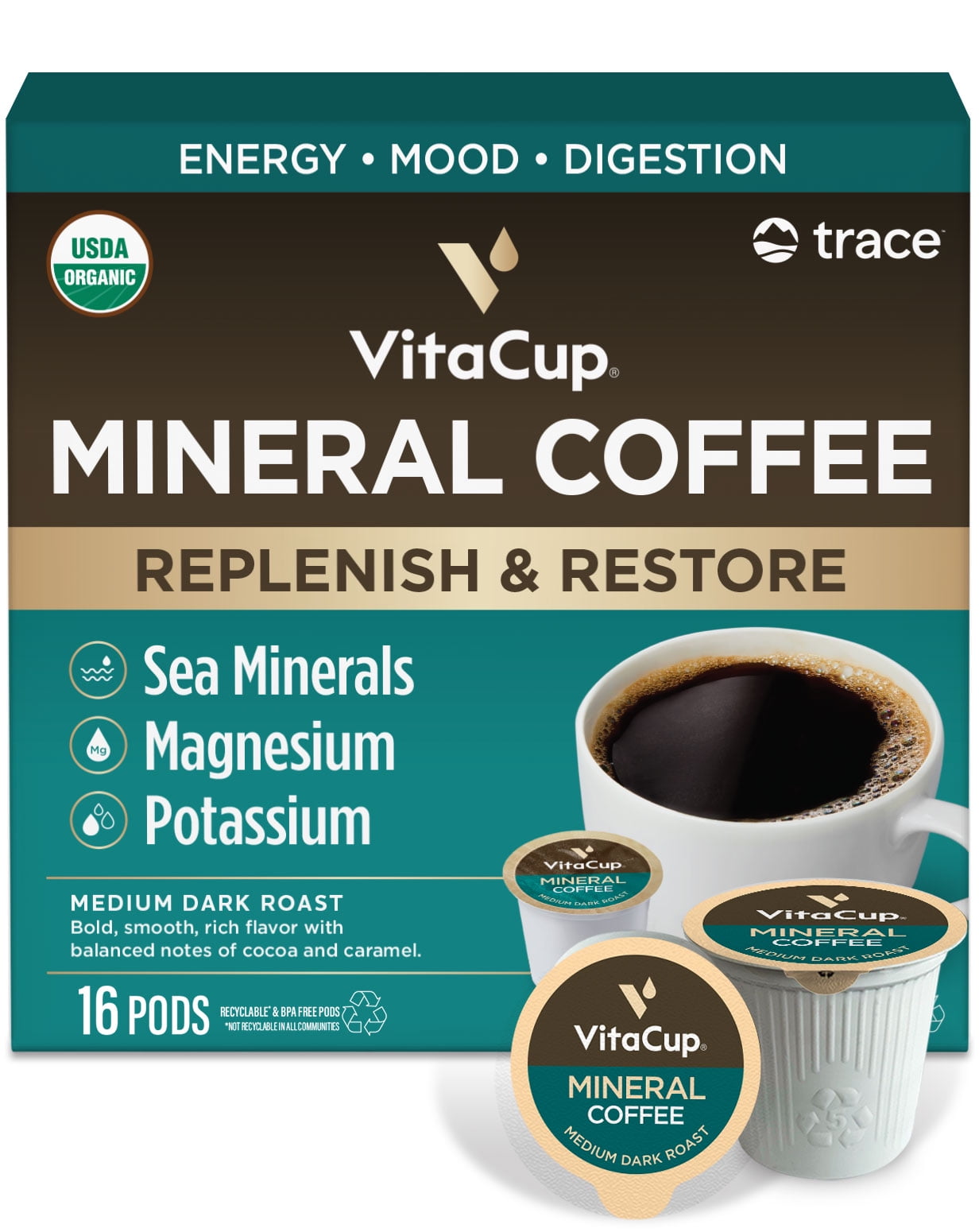 VitaCup Mineral Coffee, Organic Coffee Pods with Trace Minerals, Medium Dark Roast, 16ct