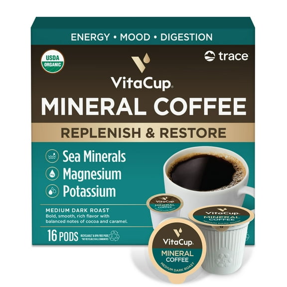 VitaCup Mineral Coffee, Organic Coffee Pods with Trace Minerals, Medium Dark Roast, 16ct