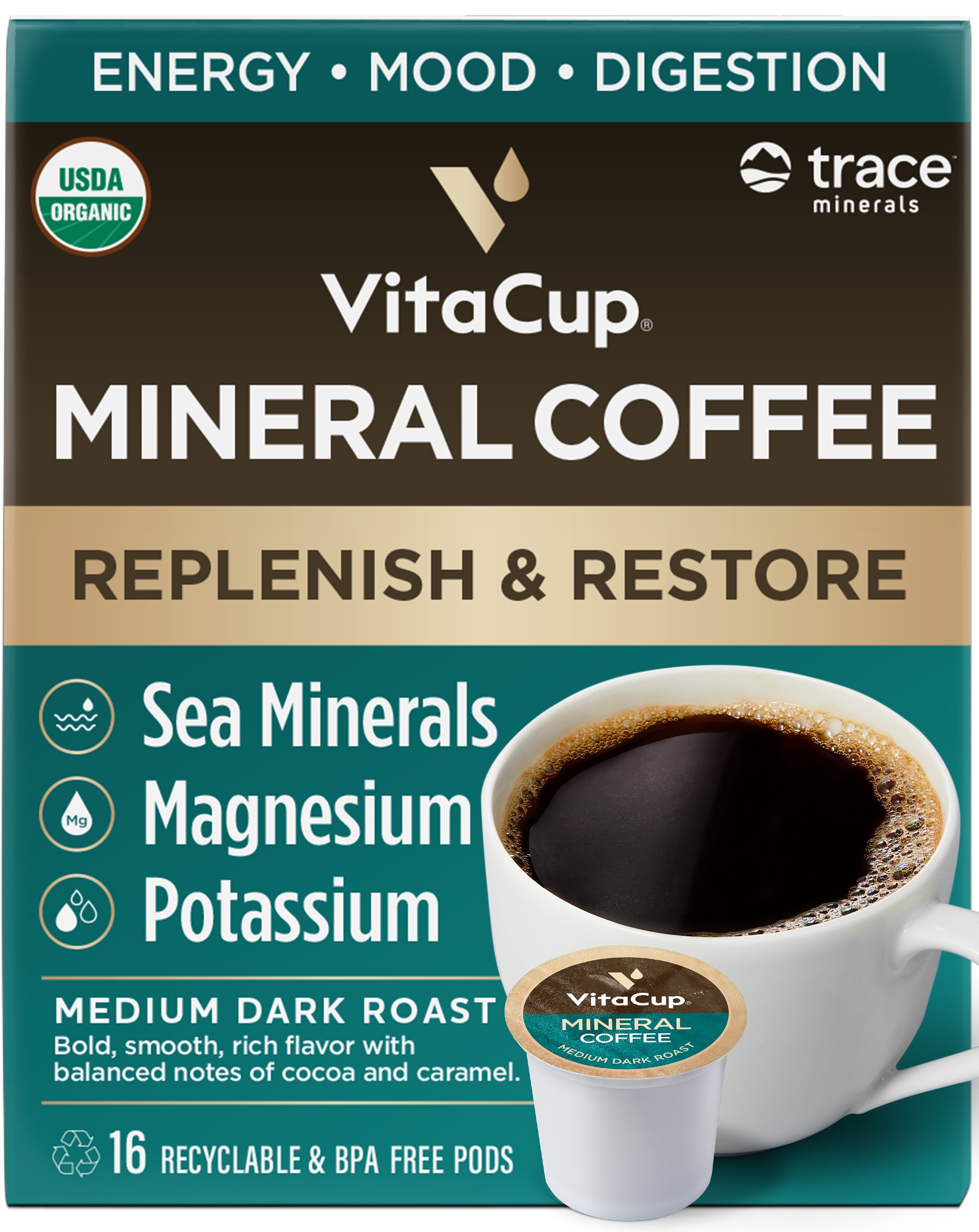 VitaCup Mineral Coffee, Organic Coffee Pods with Trace Minerals, Medium Dark Roast, 16ct