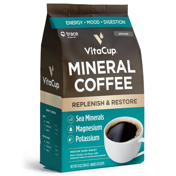 VitaCup Mineral Coffee with Trace Minerals, Hydrate, Replenish & Restore w/All Natural Sea Minerals, Electrolytes, Organic Coffee, Single Origin, Medium Dark Roast, Ground Coffee 10oz