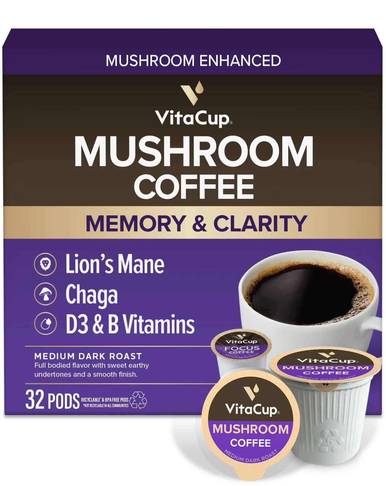 VitaCup Mushroom Coffee Pods, Boost Focus & Immunity w/Lions Mane, Chaga, B Vitamins, D3 for Memory & Clarity, Medium Roast, Single Serve Pod Compatible w/Keurig K-Cup Brewers,32 Ct