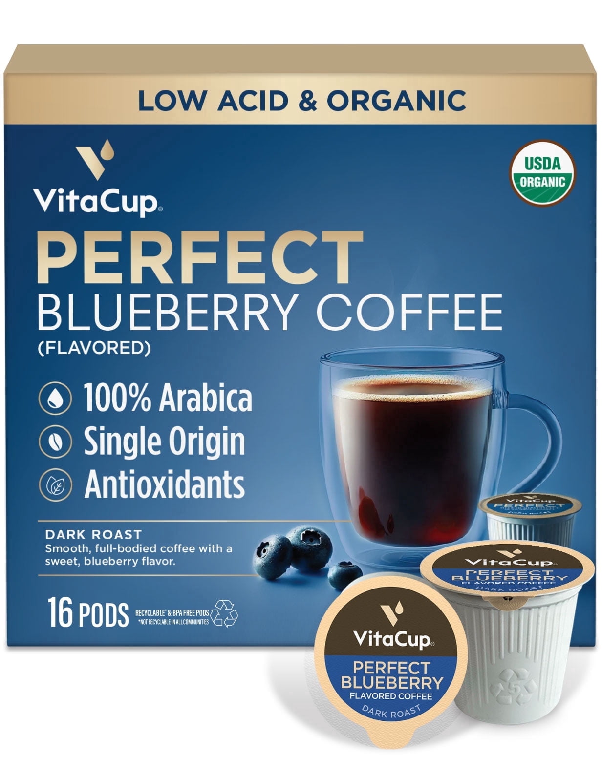 VitaCup Perfect Blueberry Flavored Low Acid Coffee Pods, Single Serve Pods Compatible with Keurig K-Cup Brewers, 16 Ct
