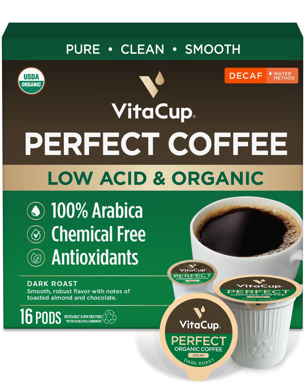 VitaCup Perfect Decaf Low Acid Coffee Pods Compatible w/ Keurig K-Cup Brewers, 16 Ct