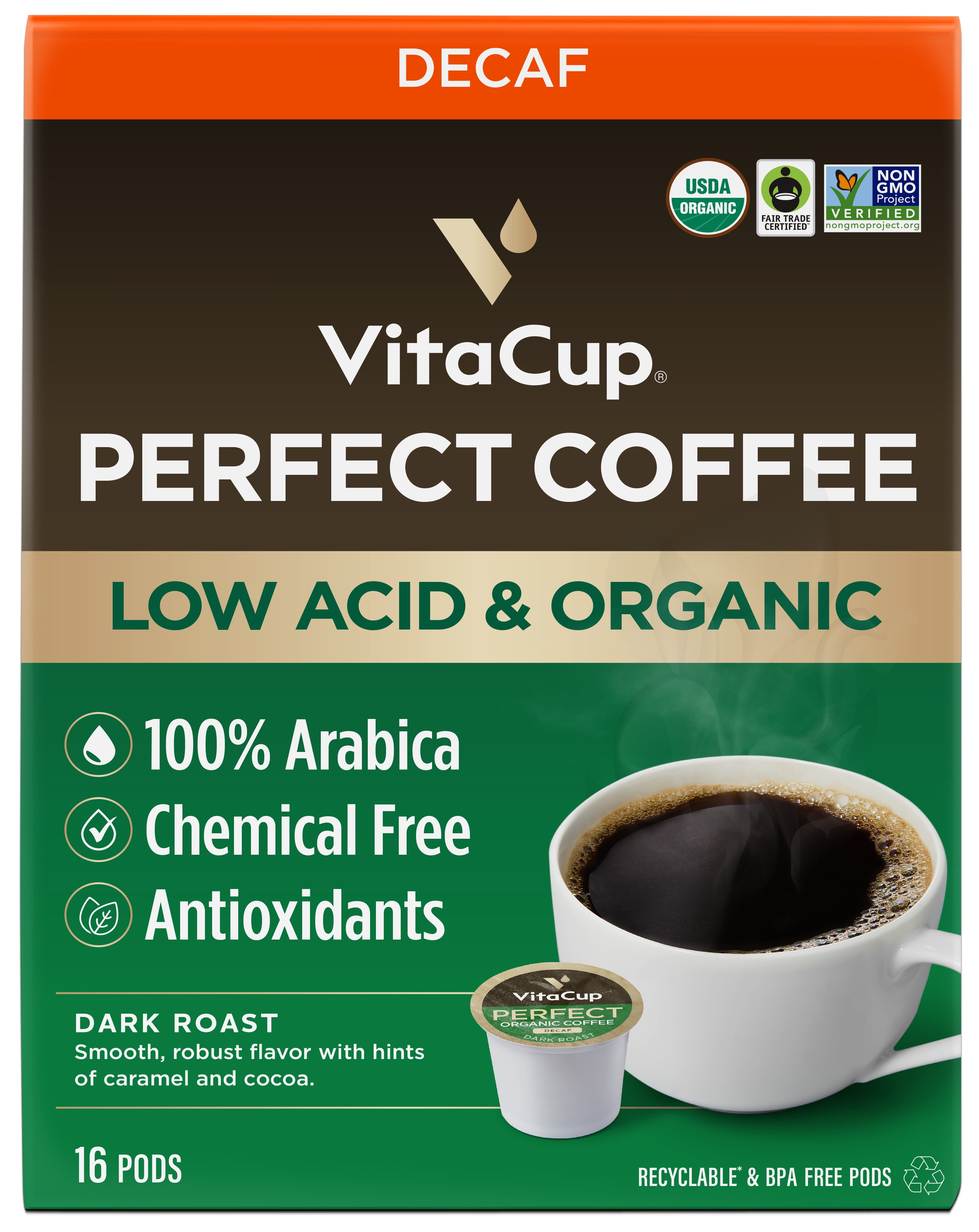 VitaCup Perfect Decaf Low Acid Coffee Pods Compatible w/ Keurig KCup