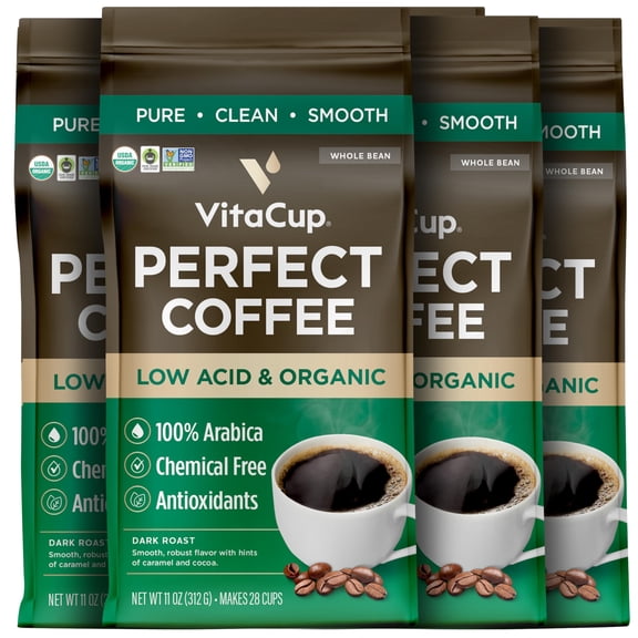VitaCup Perfect Low Acid Coffee Beans, USDA Organic & Fair Trade, Mycotoxin Free, Dark Roast Guatemala Single Origin, Clean & Pure, Low Acidity, Whole Bean Coffee, 4 bags, 11oz each