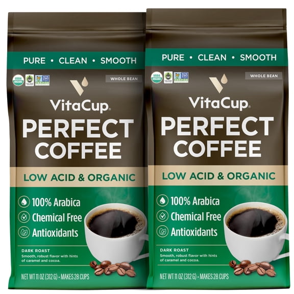 VitaCup Perfect Low Acid Coffee Beans, USDA Organic & Fair Trade, Mycotoxin Free, Dark Roast Guatemala Single Origin, Clean & Pure, Low Acidity, Whole Bean Coffee, 2 bags, 11oz each