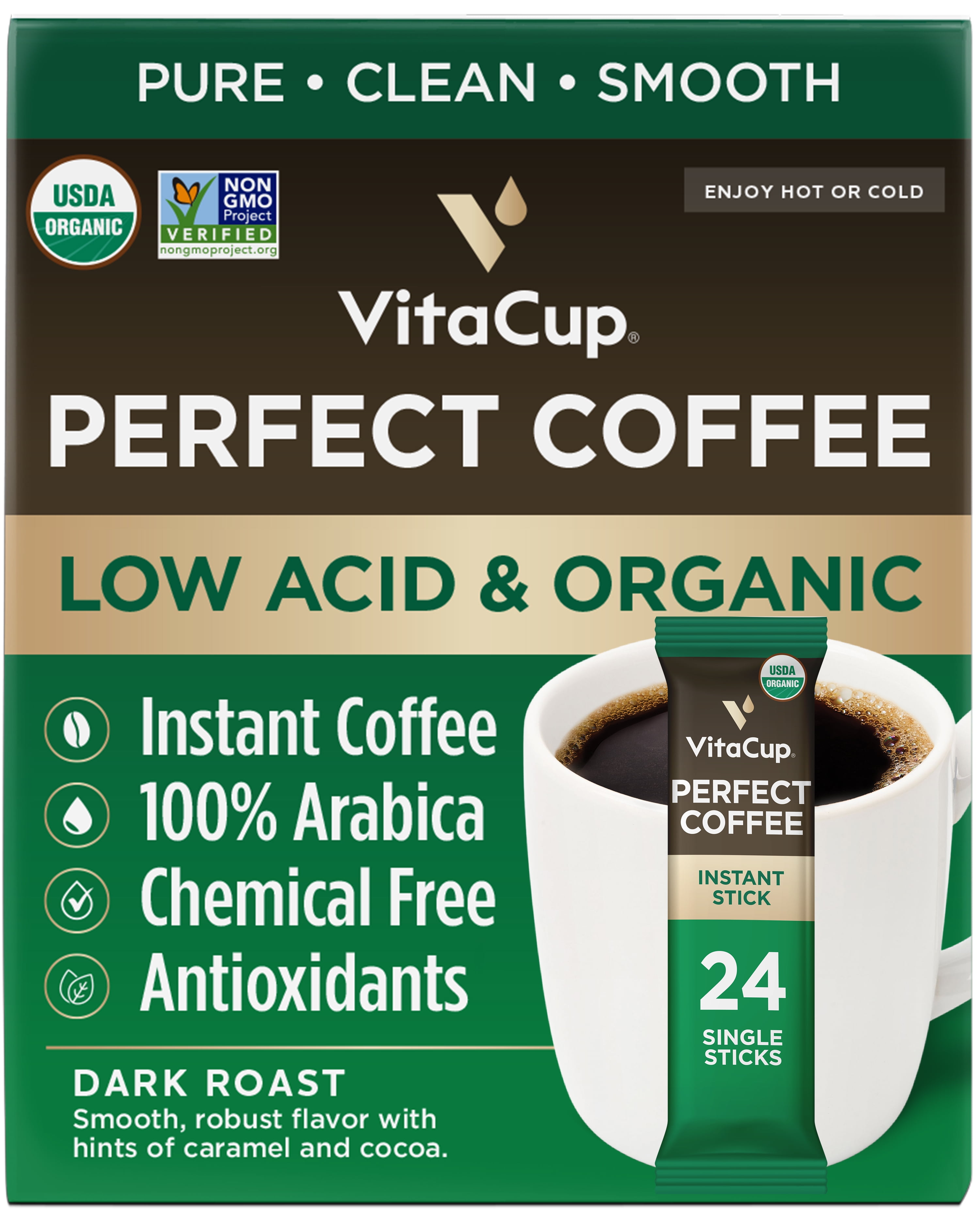 VitaCup Perfect Low Acid Coffee, Dark Roast Instant Coffee Packets 24 Ct