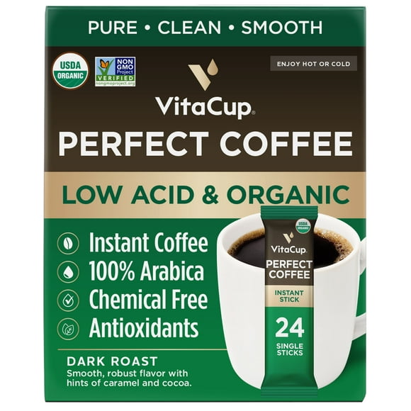 VitaCup Perfect Low Acid Coffee Instant Packets, Dark Roast Organic Coffee, 24 Count
