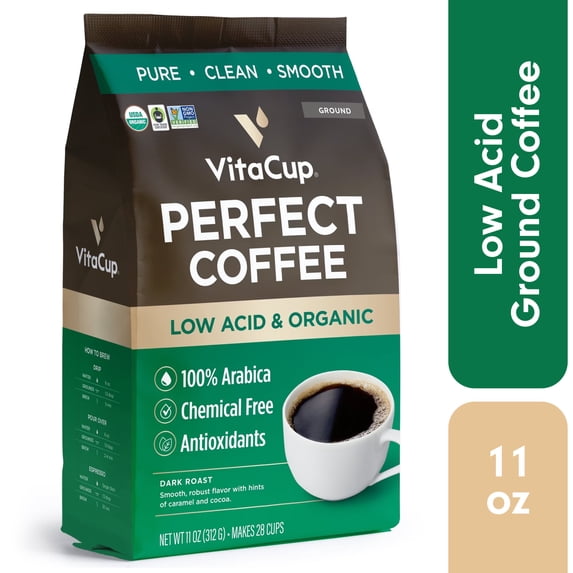 VitaCup Perfect Low Acid Coffee Grounds, Dark Roast Organic Coffee, 11 Ounces