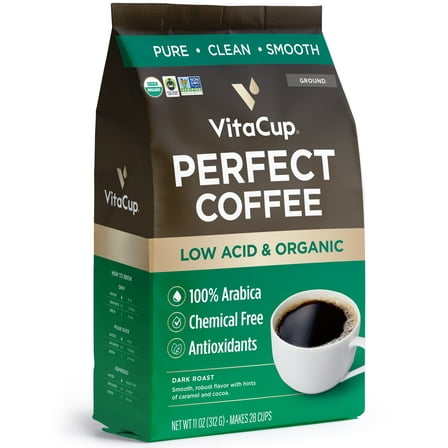 VitaCup Perfect Low Acid Coffee Grounds, Dark Roast Organic Coffee, 11 Ounces