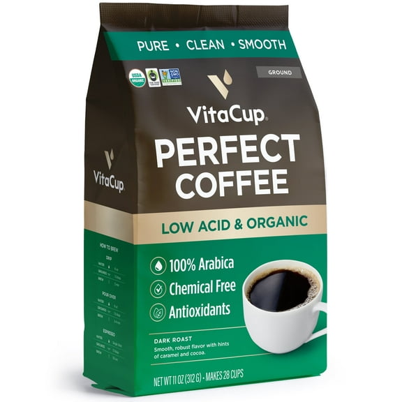 VitaCup Perfect Low Acid Coffee Grounds, Dark Roast Organic Coffee, 11 Ounces