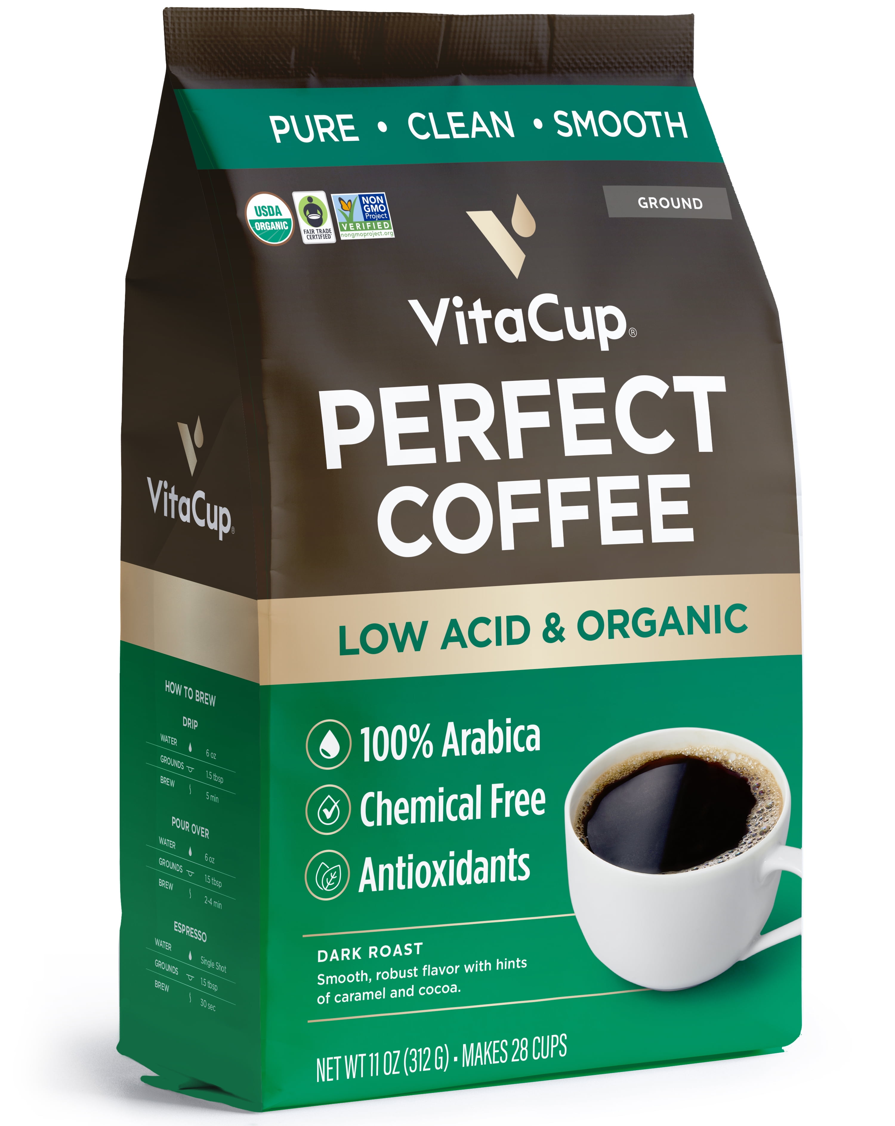 Organic Low Acid Dark Roast Ground Coffee Bag, 11 ounces